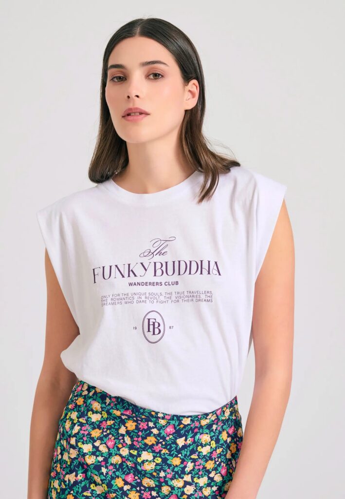 FUNKY BUDDHA ΓΥΝΑΙΚΕΊΑ ΜΠΛΟΎΖΑ ΚΟΝΤΌ ΜΑΝΊΚΙ ΜΕ ΤΎΠΩΜΑ | WHITE