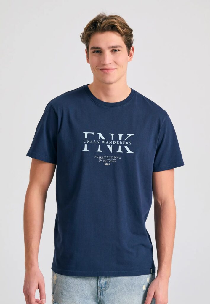 FUNKY BUDDHA ΑΝΔΡΙΚΉ ΜΠΛΟΎΖΑ ΚΟΝΤΌ ΜΑΝΊΚΙ ΜΕ ΤΎΠΩΜΑ | DARK BLUE