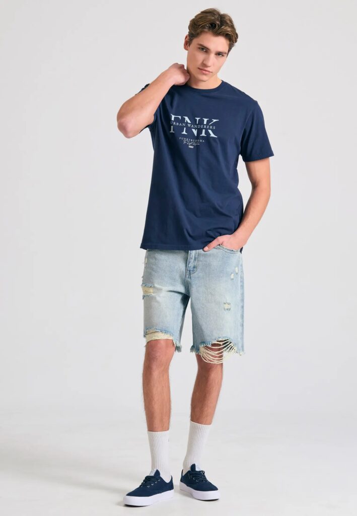 FUNKY BUDDHA ΑΝΔΡΙΚΉ ΜΠΛΟΎΖΑ ΚΟΝΤΌ ΜΑΝΊΚΙ ΜΕ ΤΎΠΩΜΑ | DARK BLUE