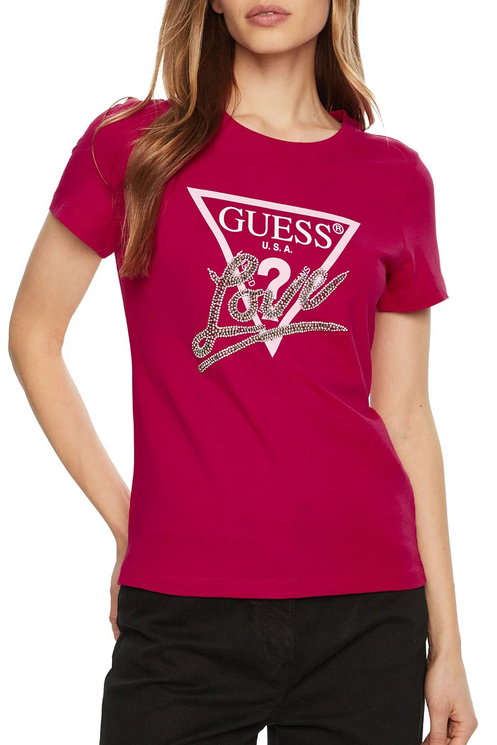 GUESS SS CN TRIANGLE LOVE TEE W5RI10I3Z14 | FUCHSIA