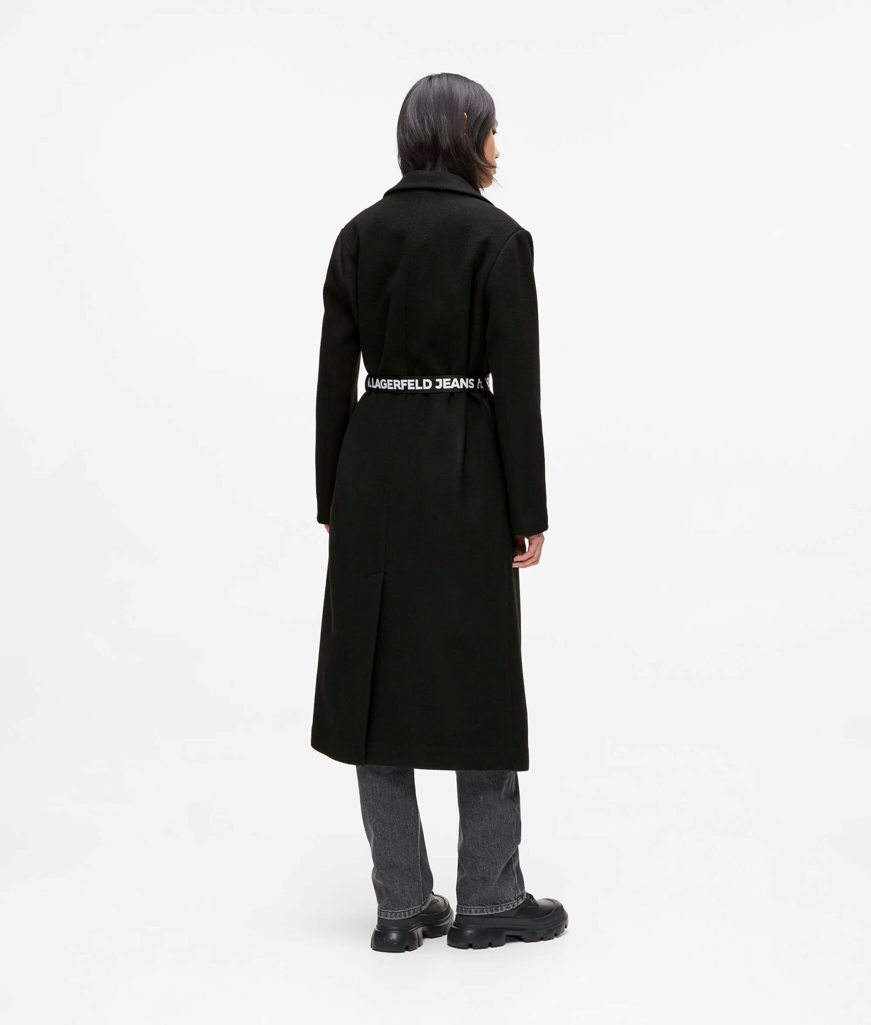KARL LAGERFELD JEANS KLJ BELTED WOOL COAT A4W15056 | BLACK KARL LAGERFELD JEANS KLJ BELTED WOOL COAT A4W15056 | BLACK