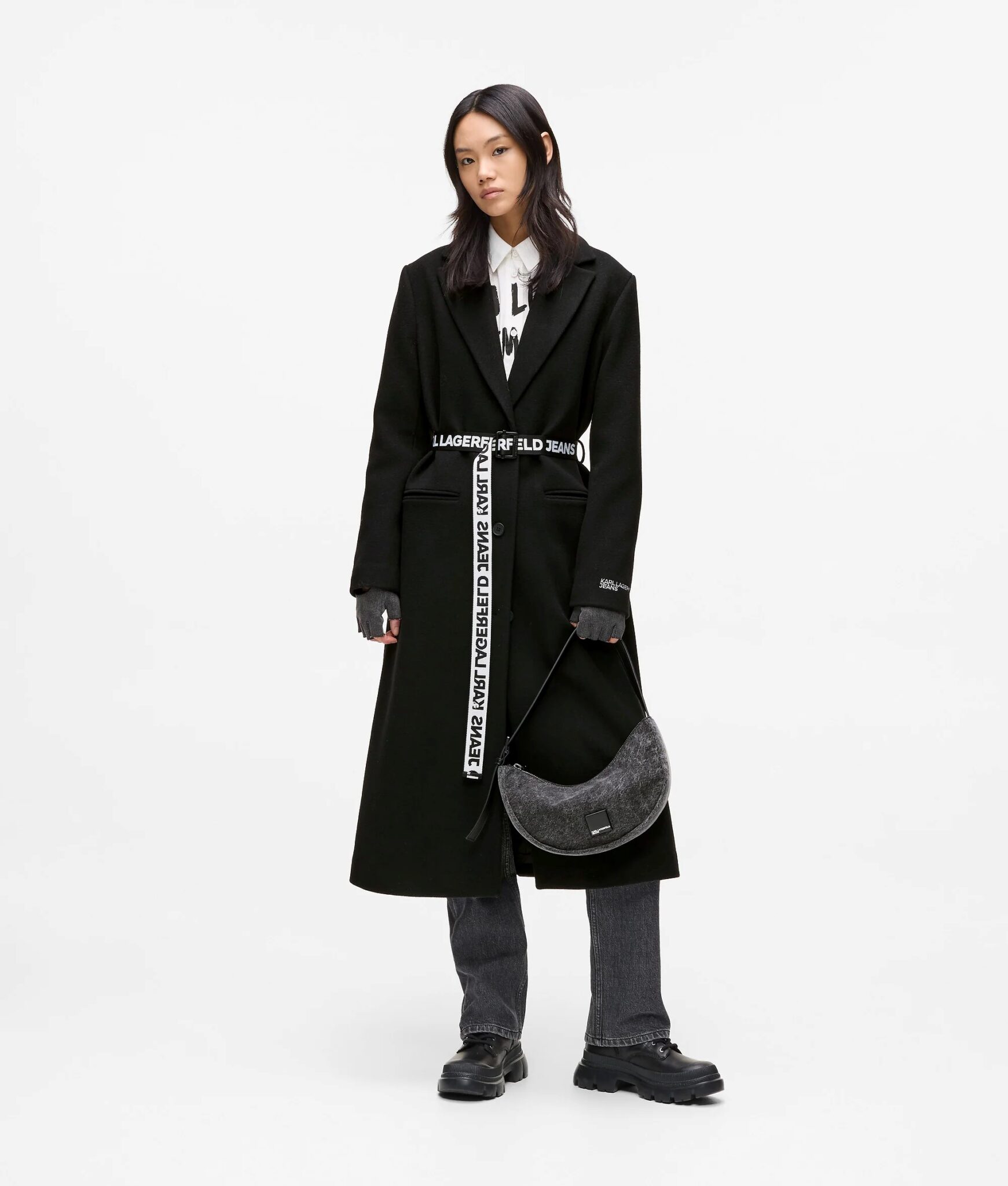KARL LAGERFELD JEANS KLJ BELTED WOOL COAT A4W15056 | BLACK KARL LAGERFELD JEANS KLJ BELTED WOOL COAT A4W15056 | BLACK
