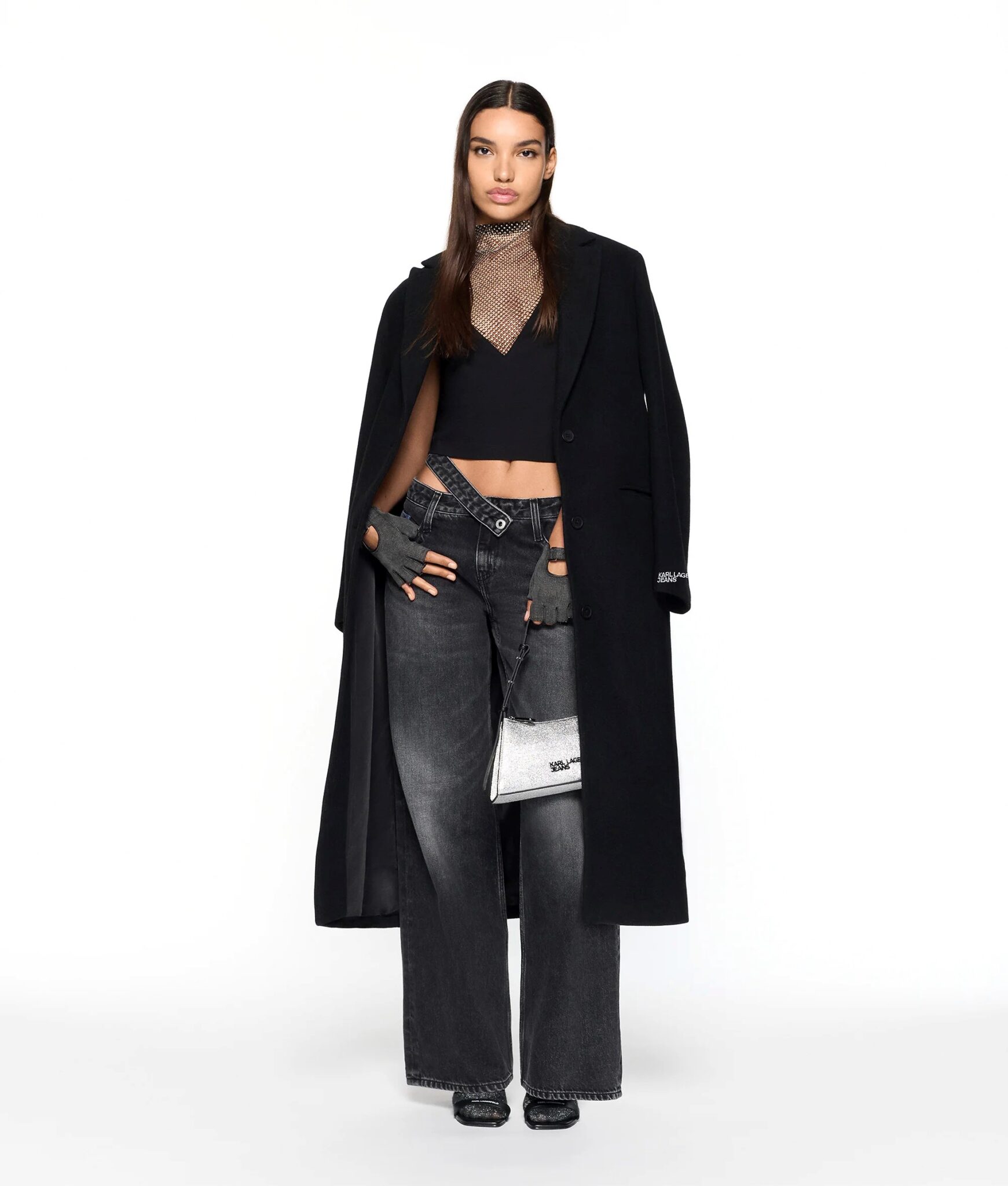 KARL LAGERFELD JEANS KLJ BELTED WOOL COAT A4W15056 | BLACK KARL LAGERFELD JEANS KLJ BELTED WOOL COAT A4W15056 | BLACK