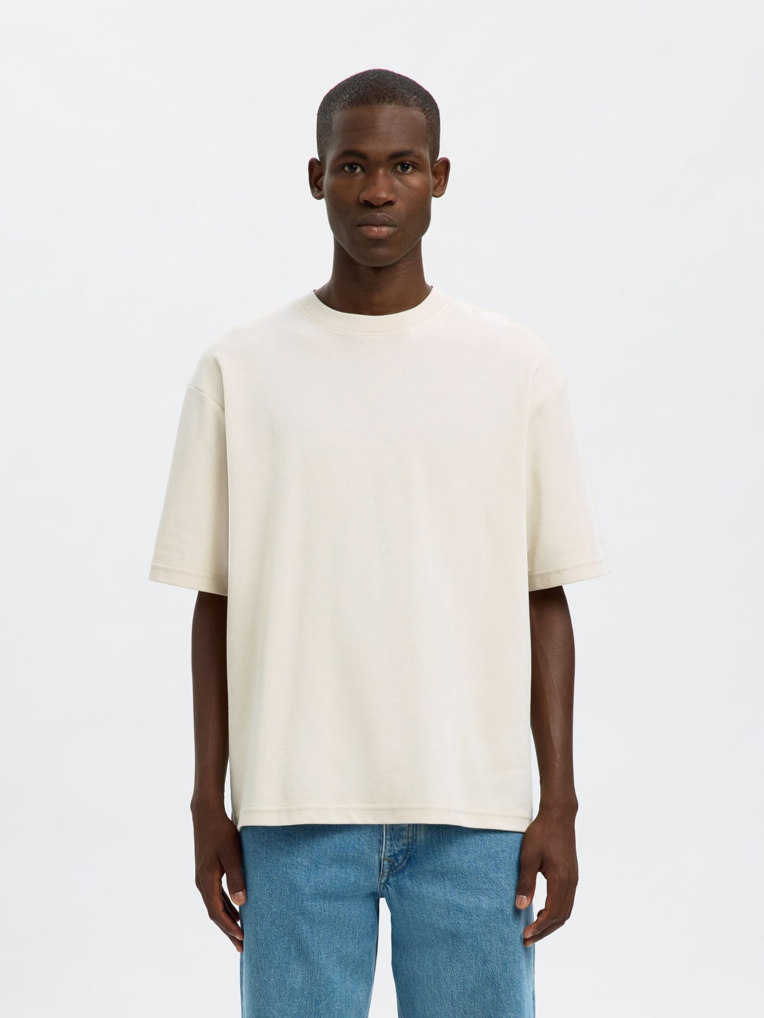 SELECTED SLMLOOSEOSCAR SS O-NECK TEE NOOS | BEIGE