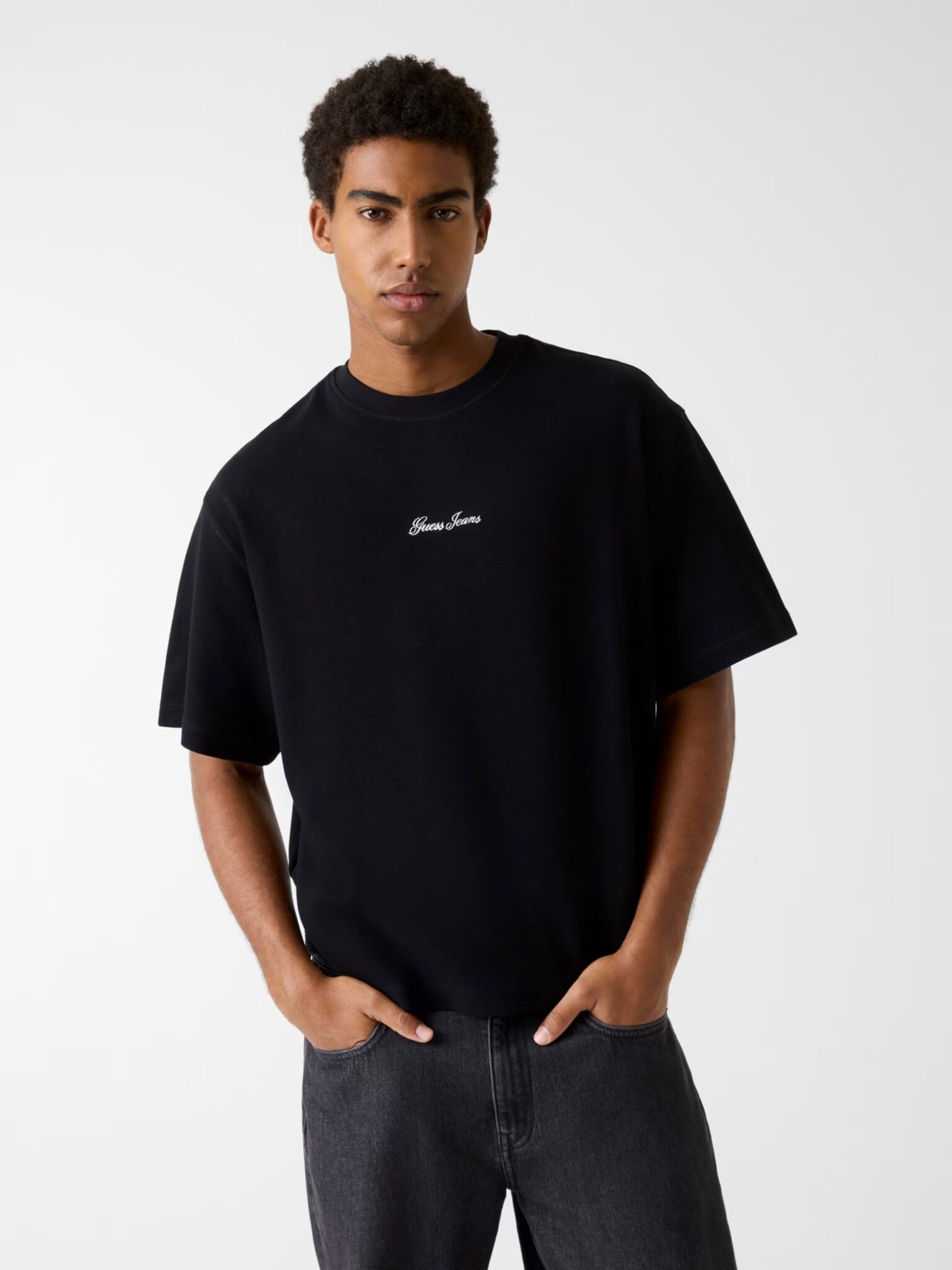 GUESS JEANS SS BOXY CROPPED OTTOMAN ΜΠΛΟΥΖΑ ΑΝΔΡΙΚΟ | BLACK